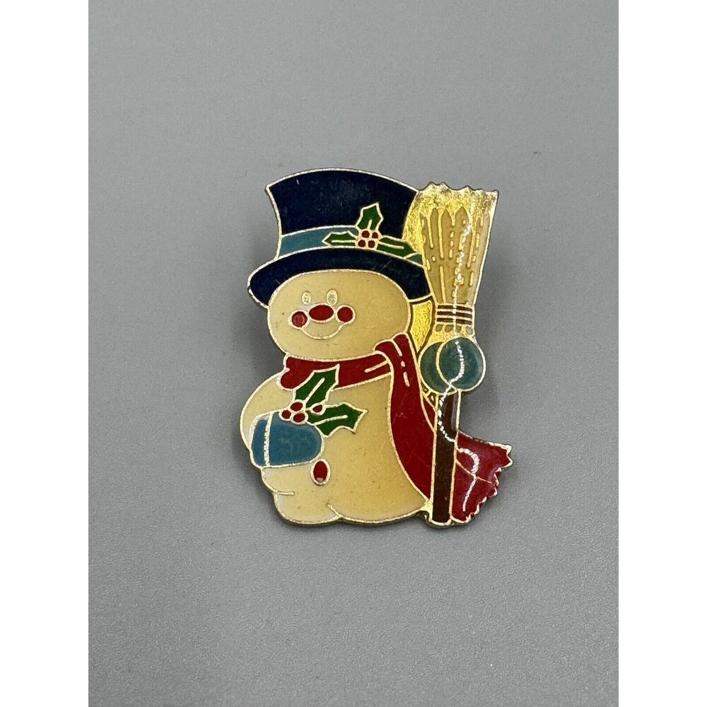 Vintage Christmas Snowman‎ Holding Broom W/ Scarf Enamel Lapel Pin